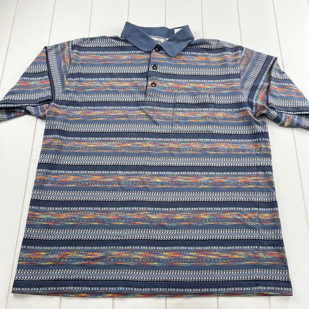 Classics by Palmland Vintage Polo Shirt Men's size XL Blue Rainbow Striped